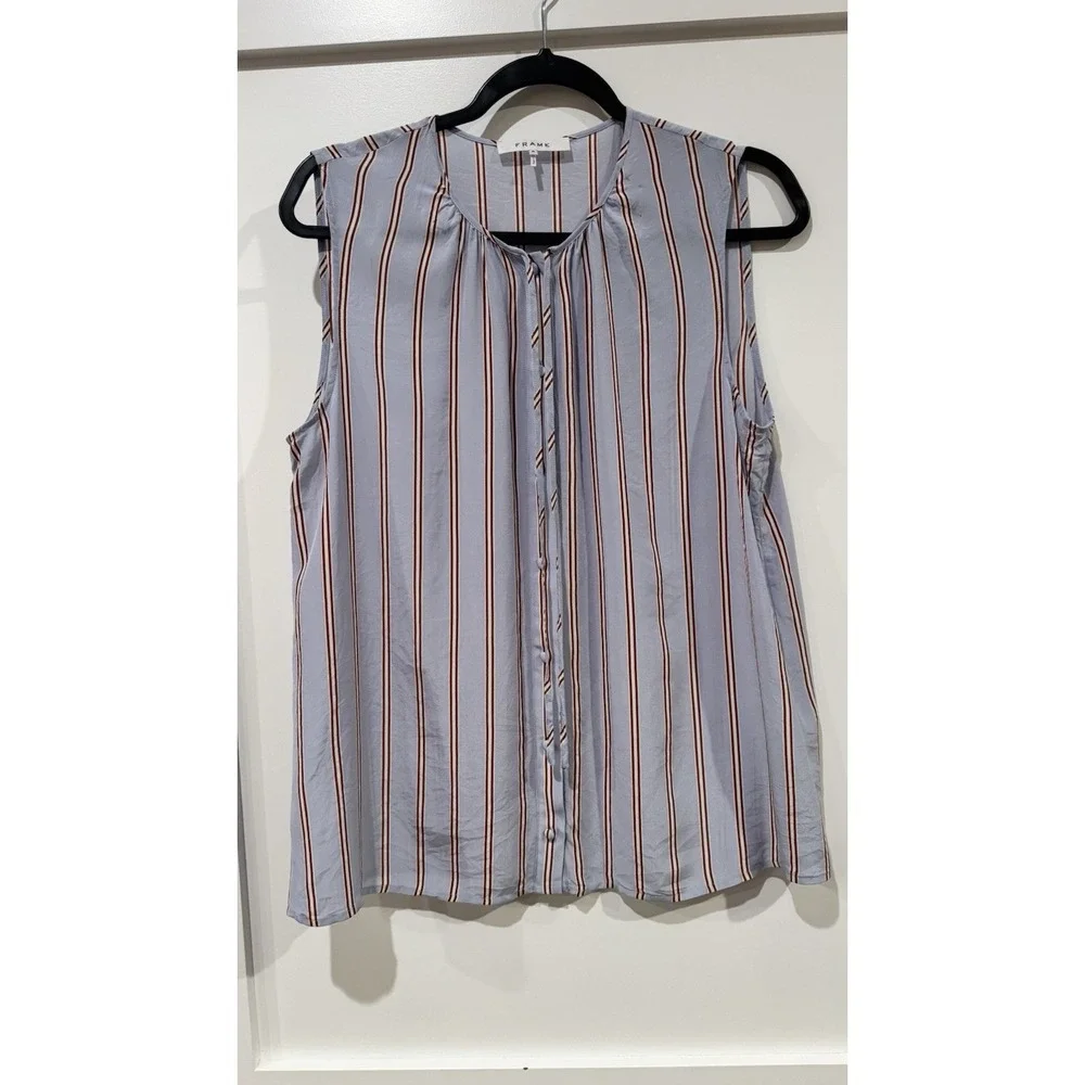 FRAME Denim Blue Striped 100% Silk Sleeveless Tie Neck Blouse Medium LWSH0791‎